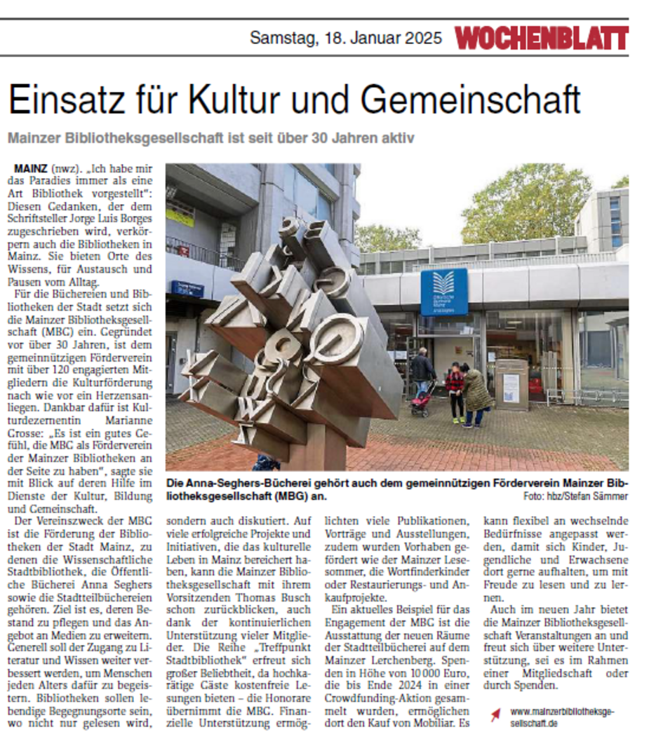 Artikel im Mainzer Wochenblatt zum 30. Jubiläum der MBG (18.01.2025)